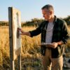 Shooter analyzing target shot pattern outdoors