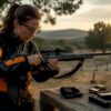 Female athlete preparing rifle at indoor shooting range