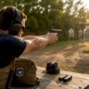 Male shooter aiming pistol at paper target