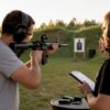 Beginner male shooter practicing at indoor range with instructor