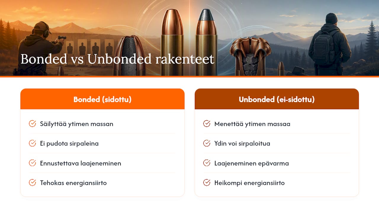 Kaavio, joka vertaa liimattujen ja liimaamattomien luotien ominaisuuksia
