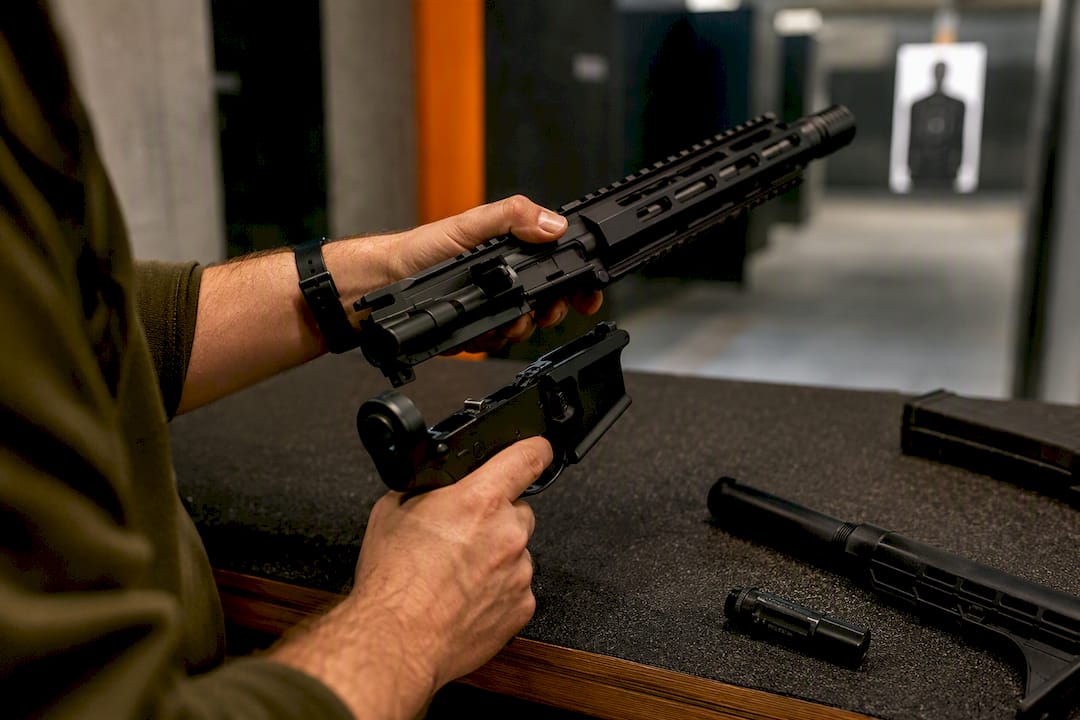 Hands splitting AR-15 into upper and lower receivers