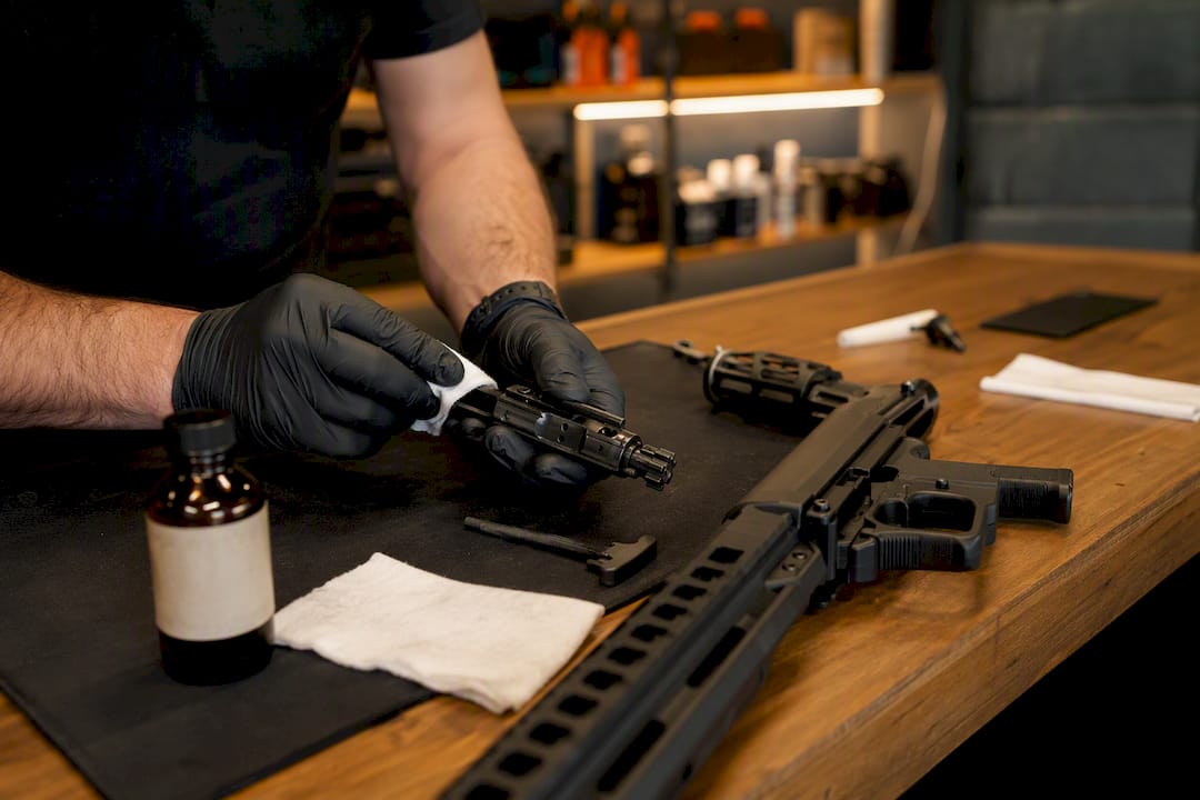 Hands cleaning AR-15 bolt carrier group indoors