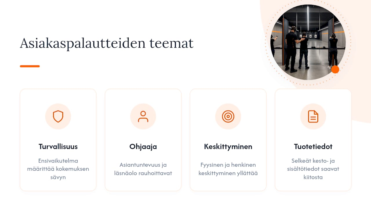 Kaavio asiakaspalautteen teemoista ampumiskokemuksesta