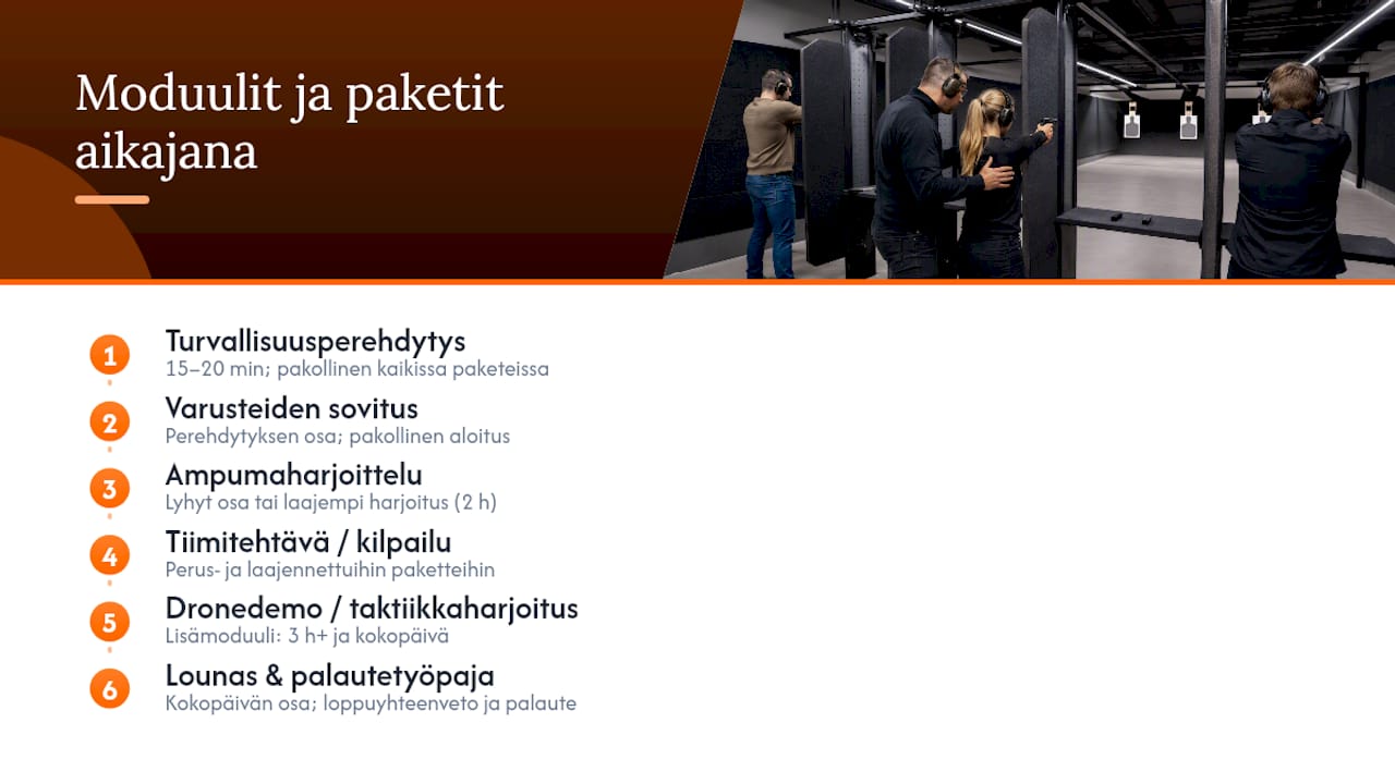 Tiimipäivän ohjelmamoduulit ja eri kestovaihtoehdot
