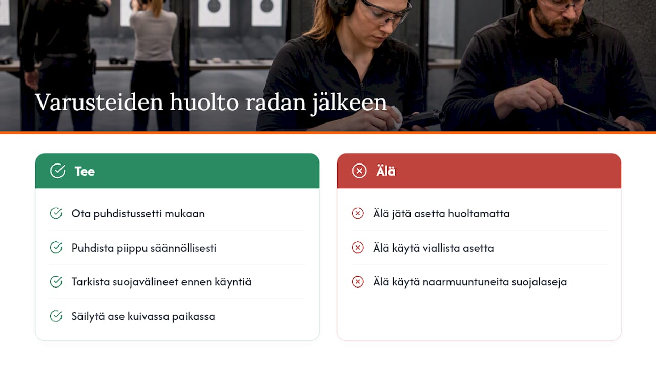 Varusteiden huolto ja puhdistus radan jälkeen — overview diagram