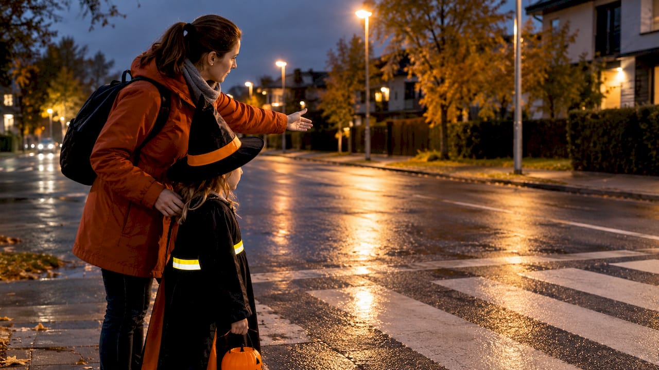 Täiskasvanu juhatab last valgustatud ülekäigurajal