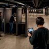 Ohjaaja valvomassa sisätiloissa tapahtuvaa drone-kuvausharjoitusta