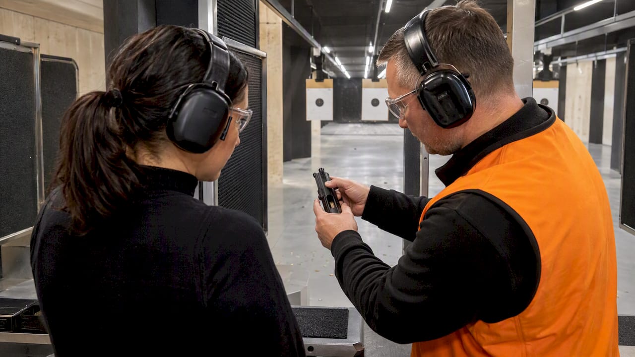 Instructor demonstrating safe firearm handling