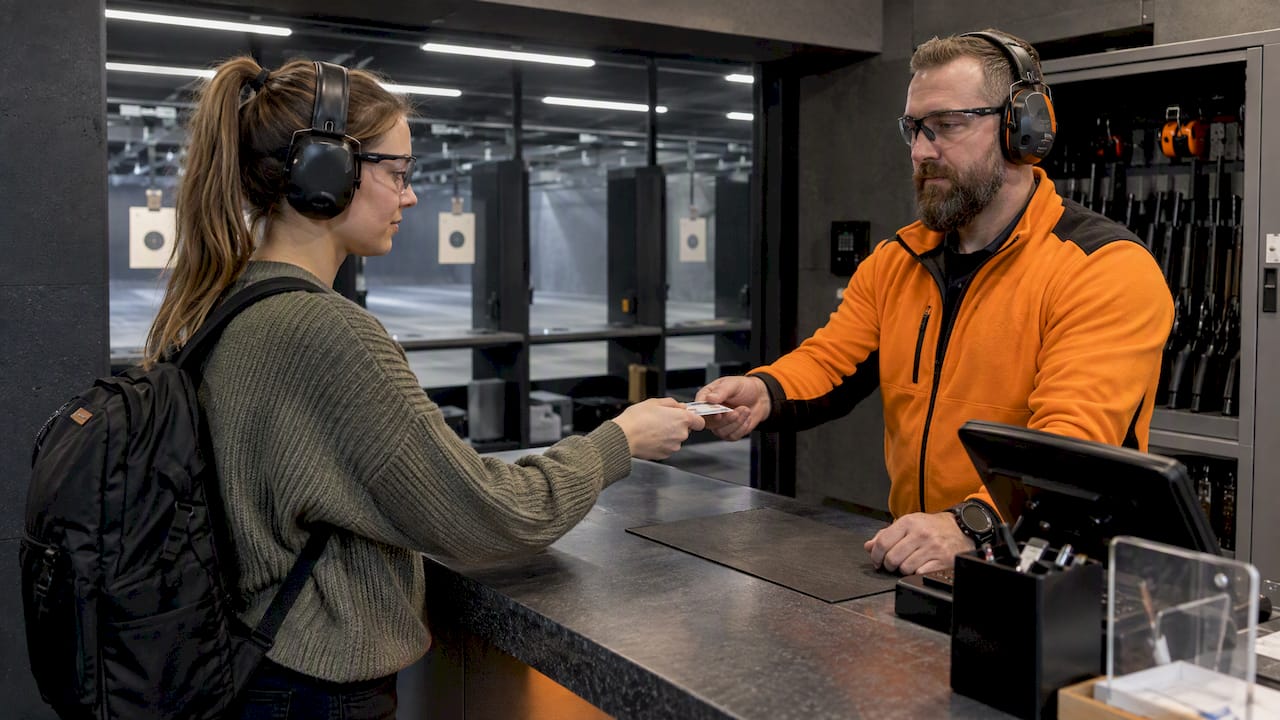 Visitor completing indoor range check-in