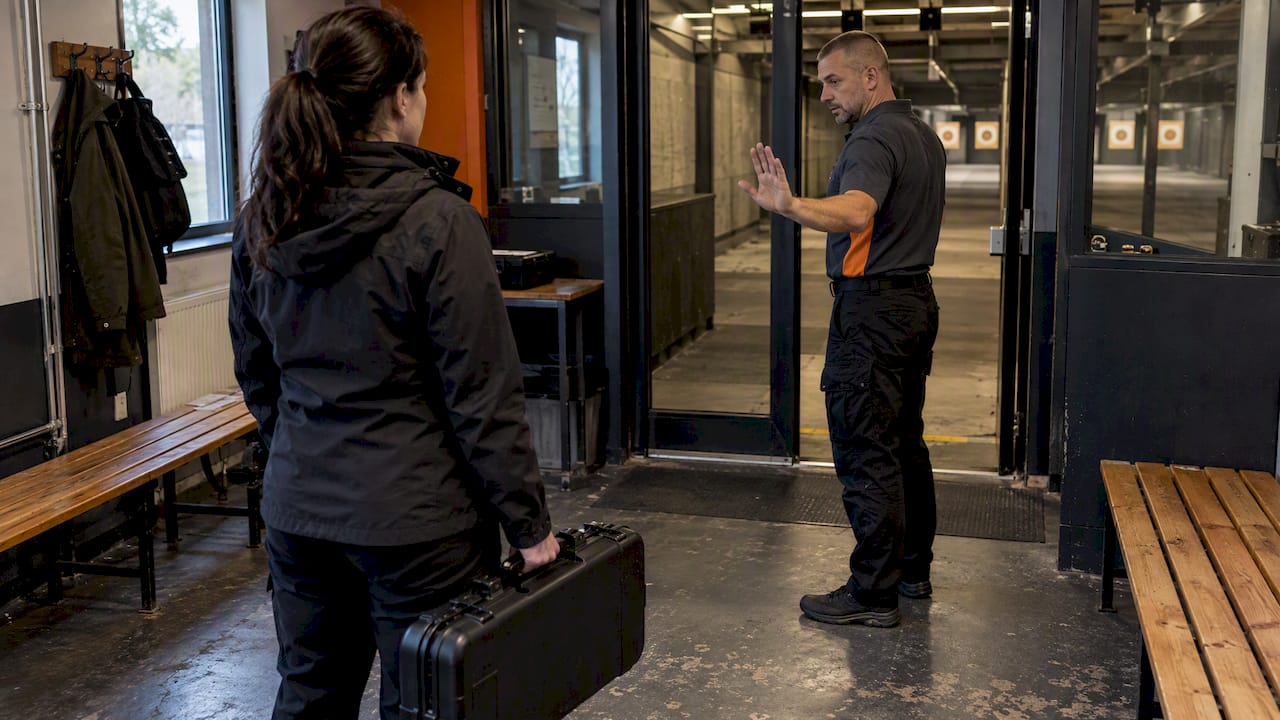 Külastaja ootab instruktorilt luba suletud kohvriga