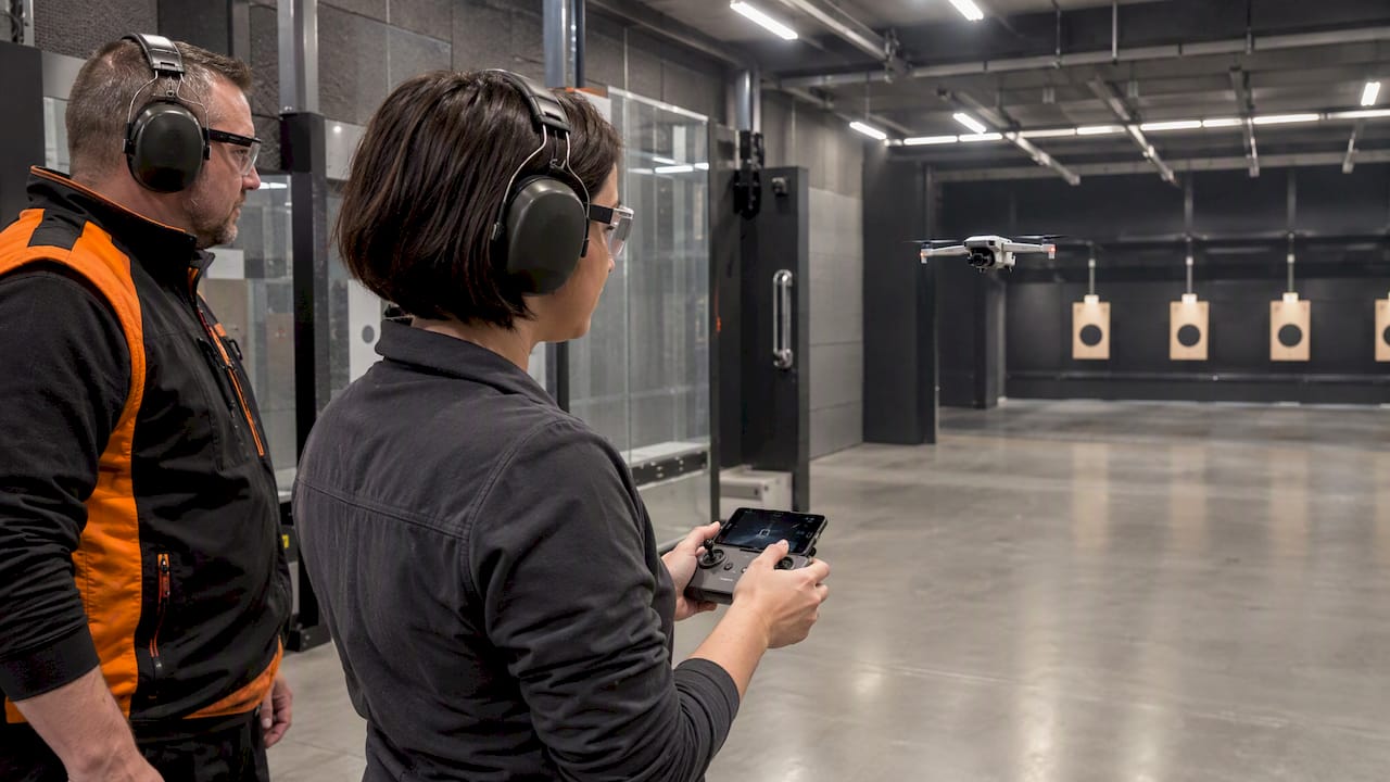 Pilot watches hovering drone directly in range